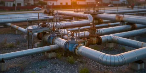 Gas pipes with houses in background